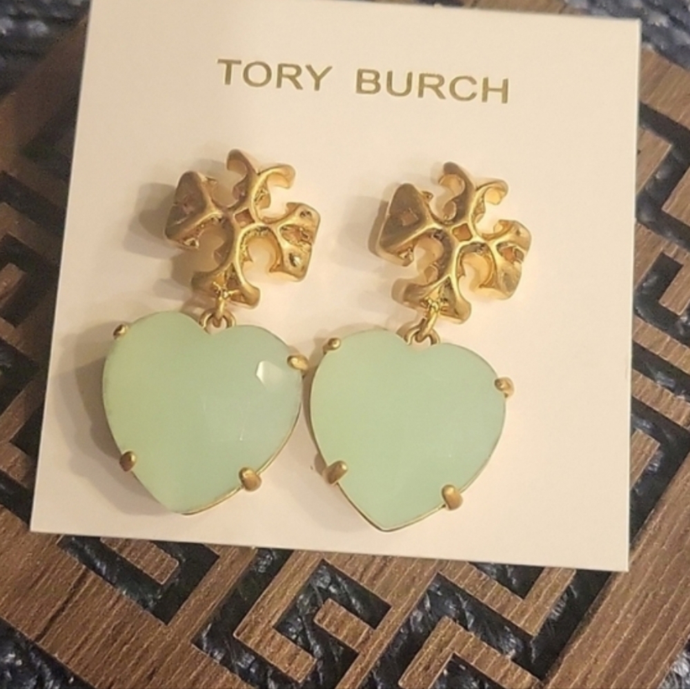 Tory Burch Gold and Mint Heart Earrings